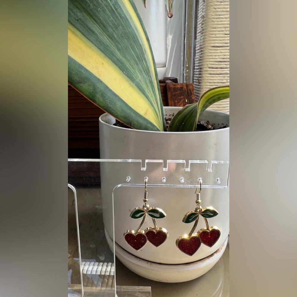 Handmade In USA Cherry Heart Dangle Earrings Statement Lightweight Favorite New